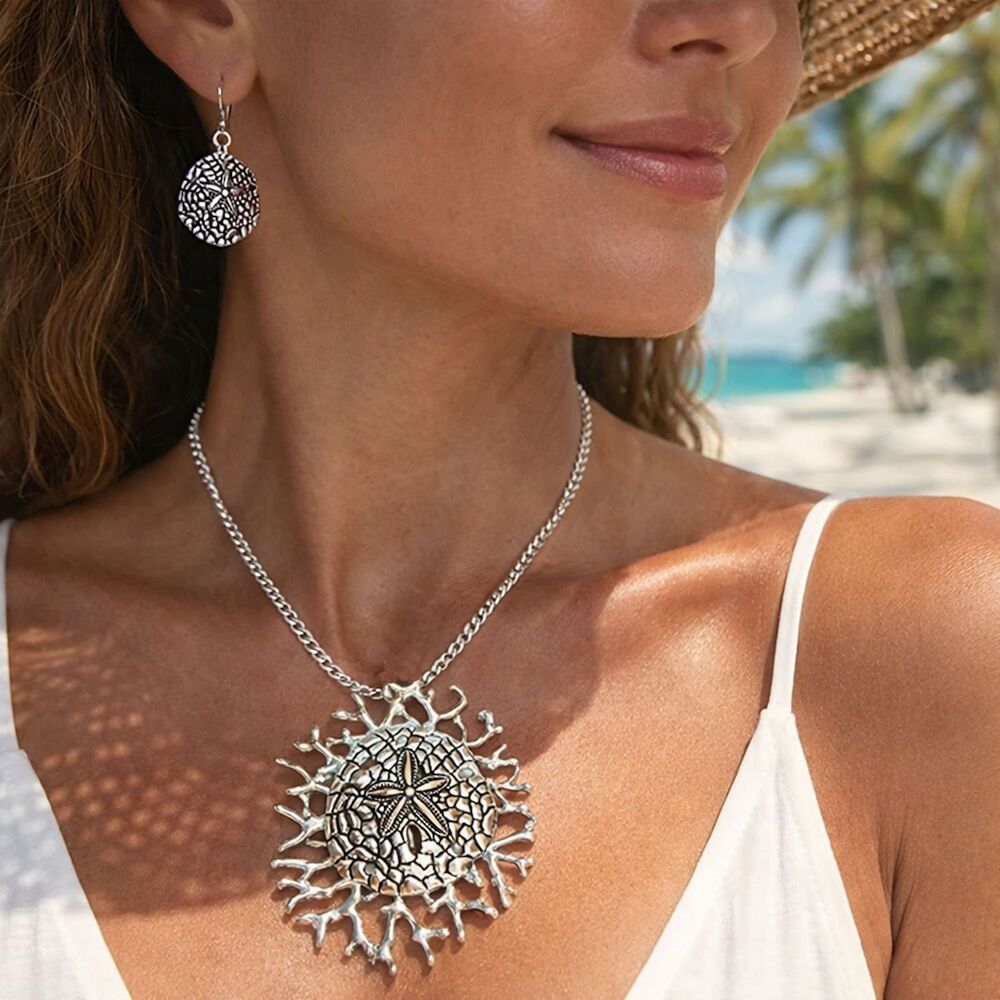 Silver Sand Dollar Branch Coral Jewelry Set NEW Earrings Necklace Ocean Beach